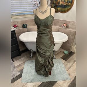 La Femme Like Sage Green High End Corset Style Victorian Sexy Busseled Gown